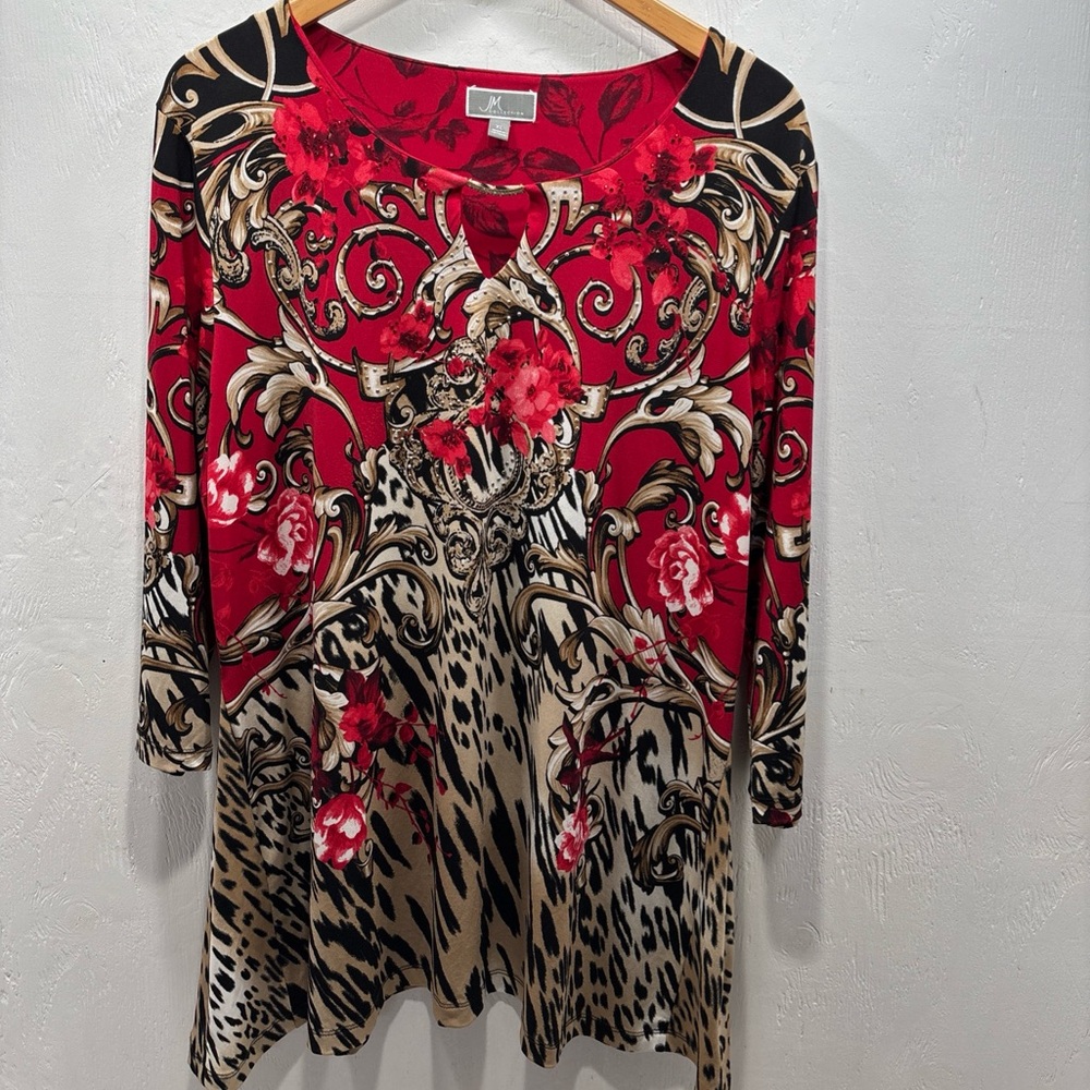 JM Collection Red Black Tan Patterned Tunic Top